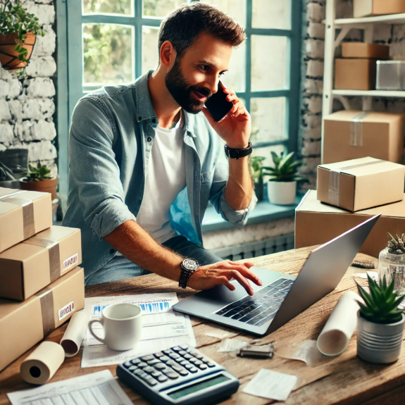 통화를 하며 컴퓨터로 작업하는 남성의 사진