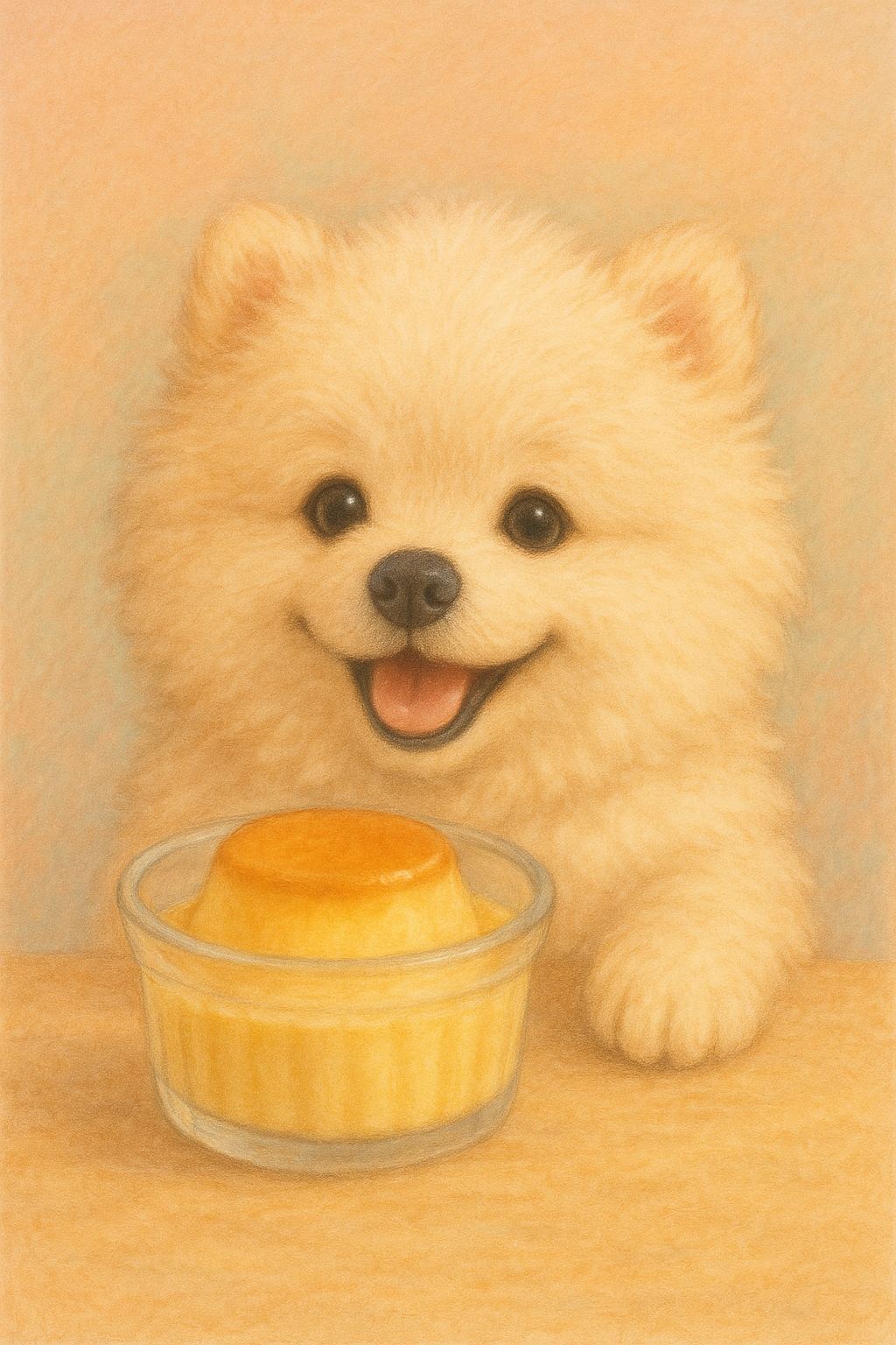 파스텔톤의 따뜻한 감성이 느껴지는, 강아지가 달걀 푸딩을 바라보는 모습의 섬세한 이미지