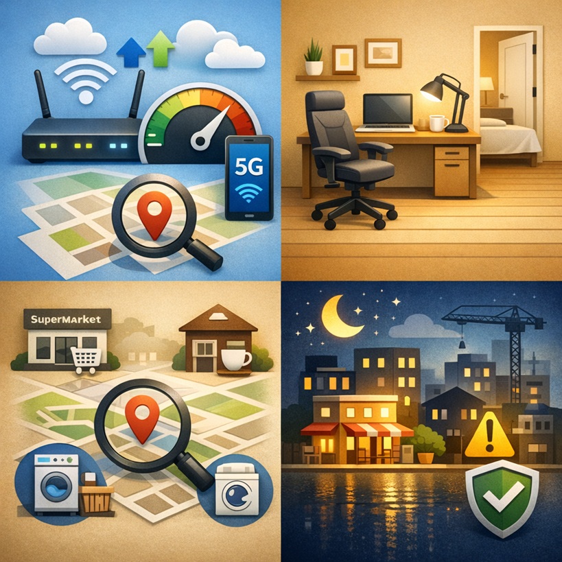 디지털 노마드 숙소를 고를 때 와이파이 속도, 작업 공간, 생활 인프라, 야간 소음과 치안을 4분면 아이콘으로 정리한 인포그래픽