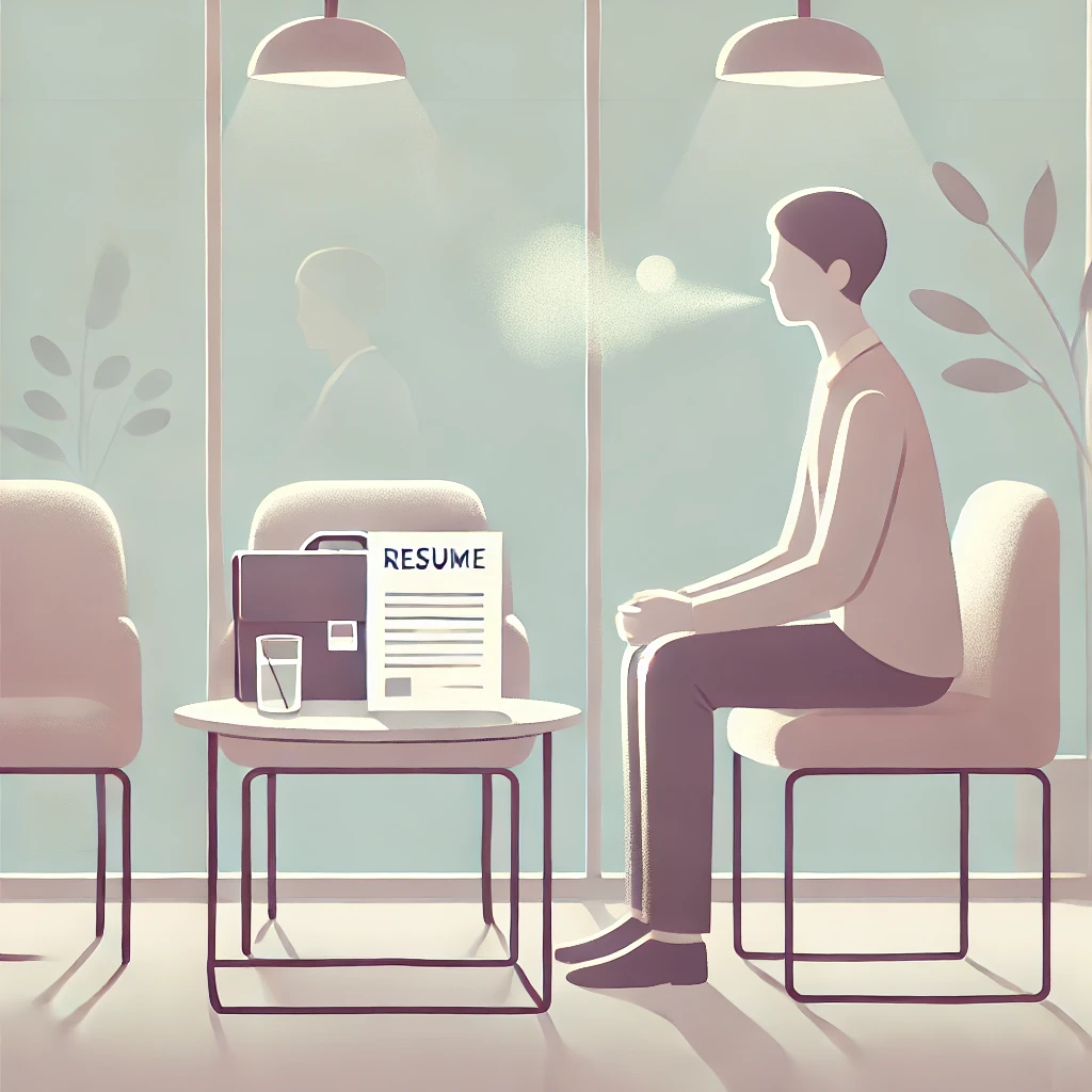 면접을 앞두고 대기 중인 사람이 심호흡을 하는 모습. 책상 위엔 이력서와 서류가 놓여 있으며, 긴장을 가라앉히기 위한 준비 장면을 묘사함.
