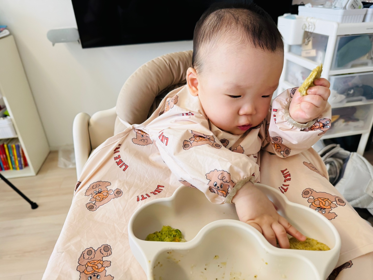 버섯전을 손에 들고 신중하게 바라보는 찬솔이의 저녁시간