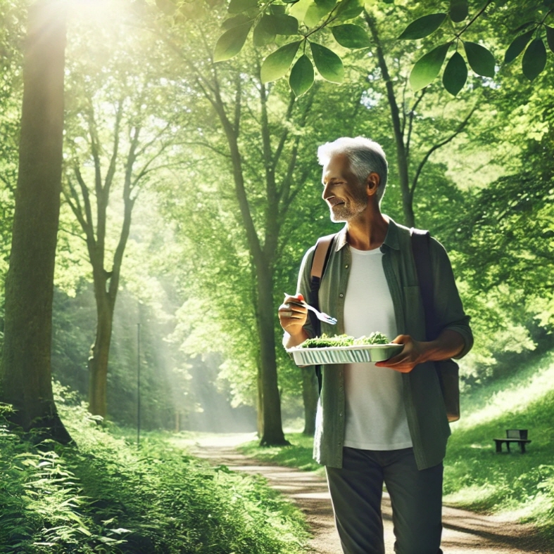 햇살-좋은-숲에서-샐러드를-먹고있는-50대의-남성