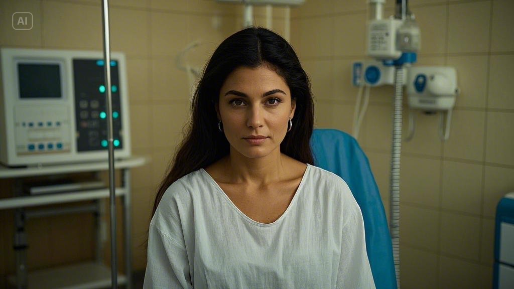 A woman is at a local health center.