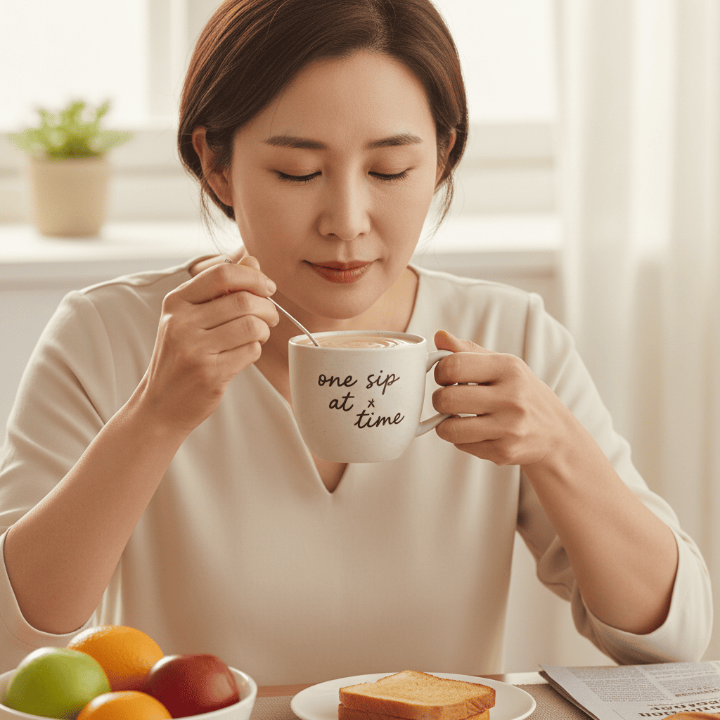 미지근한 물 또는 두유에 미숫가루를 타서 한 모금씩 머금고 천천히 마시는 모습