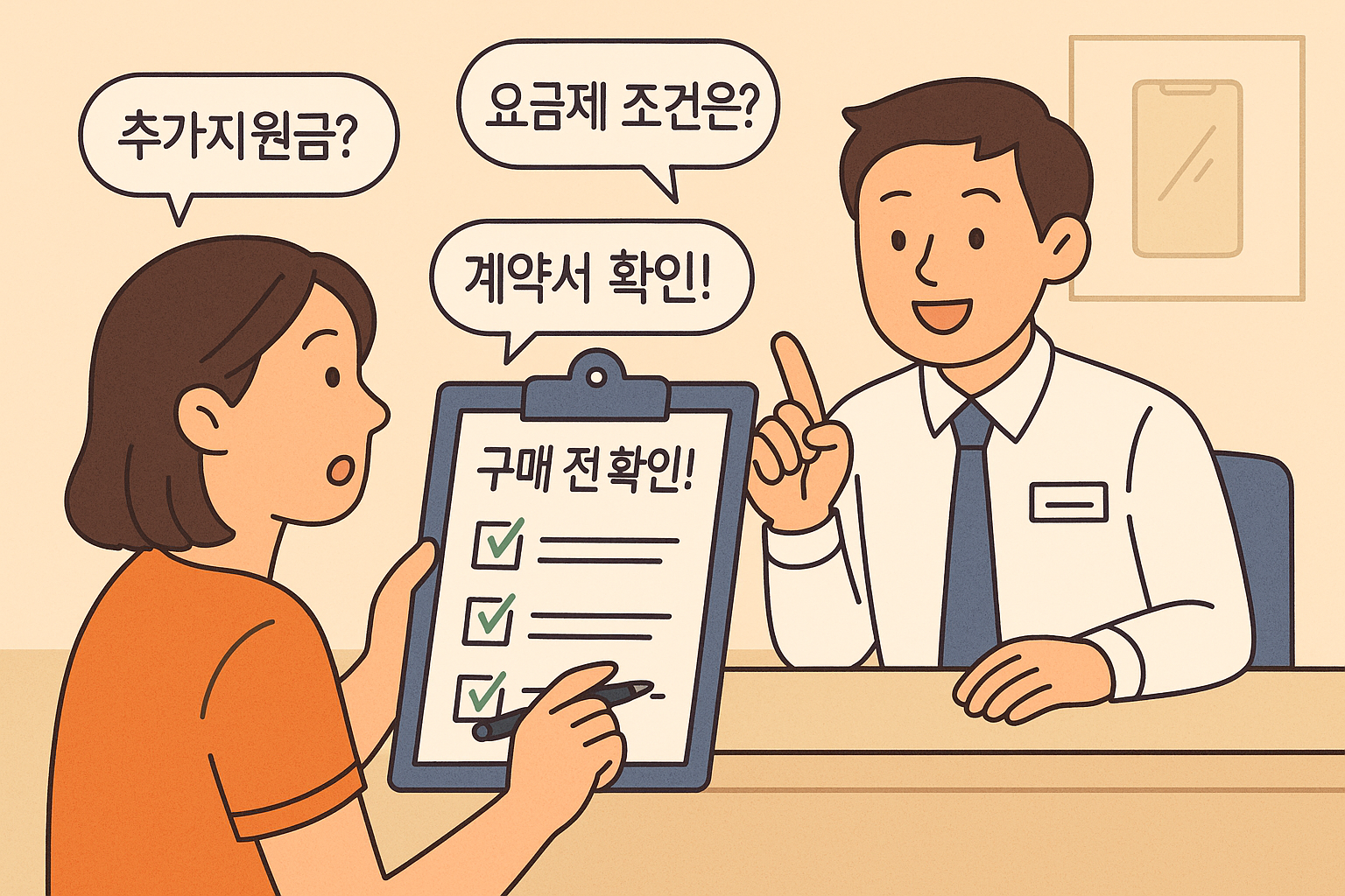 휴대폰 구매 전 반드시 확인해야 할 질문 항목들을 담은 체크리스트 일러스트