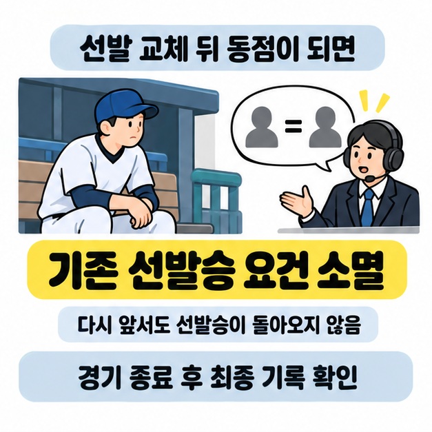 선발 교체 뒤 동점이 되면 기존 선발승 요건이 사라지고 다시 앞서도 선발승이 돌아오지 않으므로 경기 종료 후 최종 기록을 확인하라는 안내