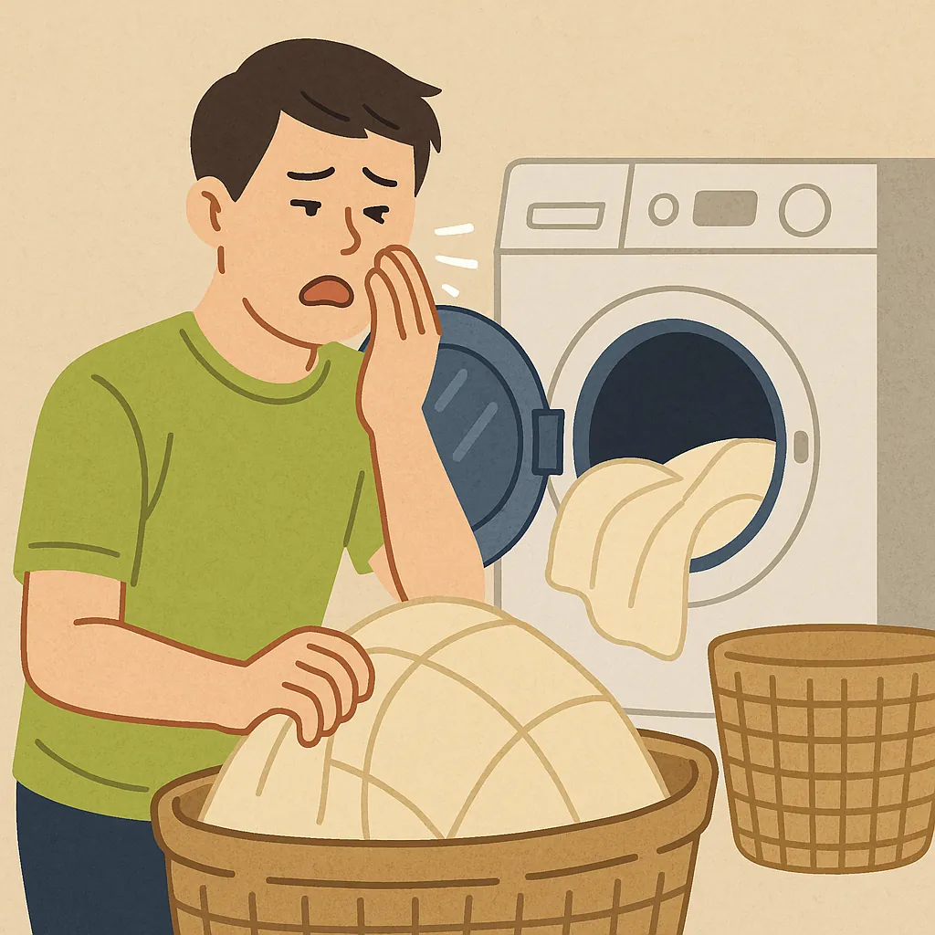 이불을 세탁하며 알레르기 증상으로 괴로워하는 남성의 일러스트