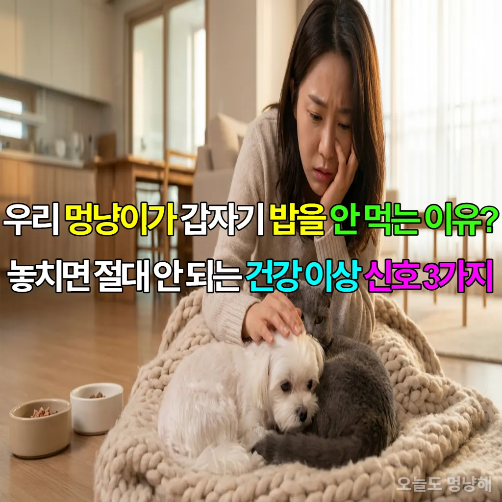 걱정스러운 표정으로 강아지와 고양이를 쓰다듬는 한국 여성의 모습. 반려동물들은 사료 그릇 옆에서 다소 기운 없어 보인다.