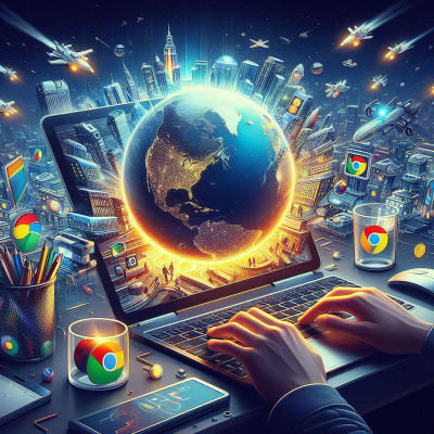 노트북 화면 속 지구와 크롬 브라우저가 함께 나타나며, 인터넷 세계를 표현하는 모습.