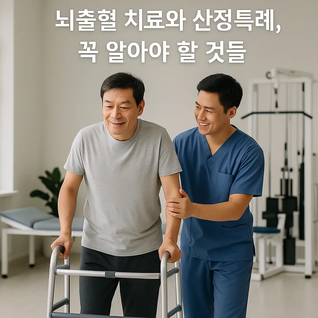 물리치료사의 도움을 받아 재활 훈련 중인 환자. 뇌출혈 회복을 위한 서서 걷기 연습 장면으로, 동양인 환자와 의료진이 함께 노력하는 모습