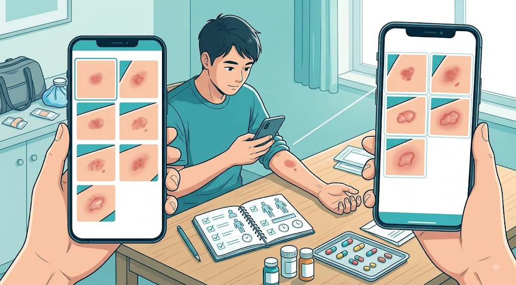 11. 남성 환자가 진료 전 자신의 피부 병변을 스마트폰으로 촬영해 기록하고, 메모장과 복용 중인 약통을 정리하는 장면