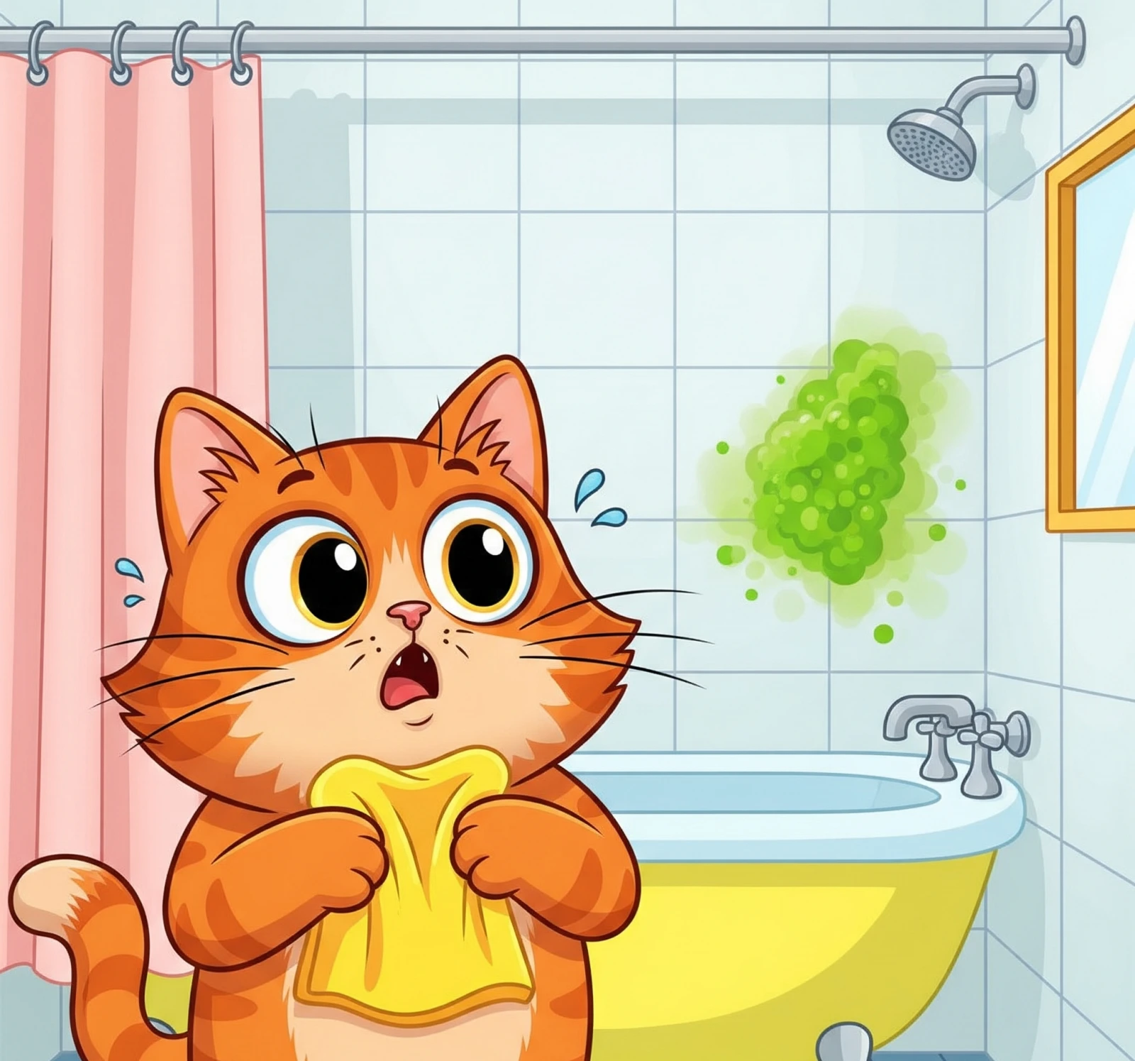 화장실 곰팡이에 놀라는 고양이 그림, Illustration of a cat freaking out over mold in the bathroom