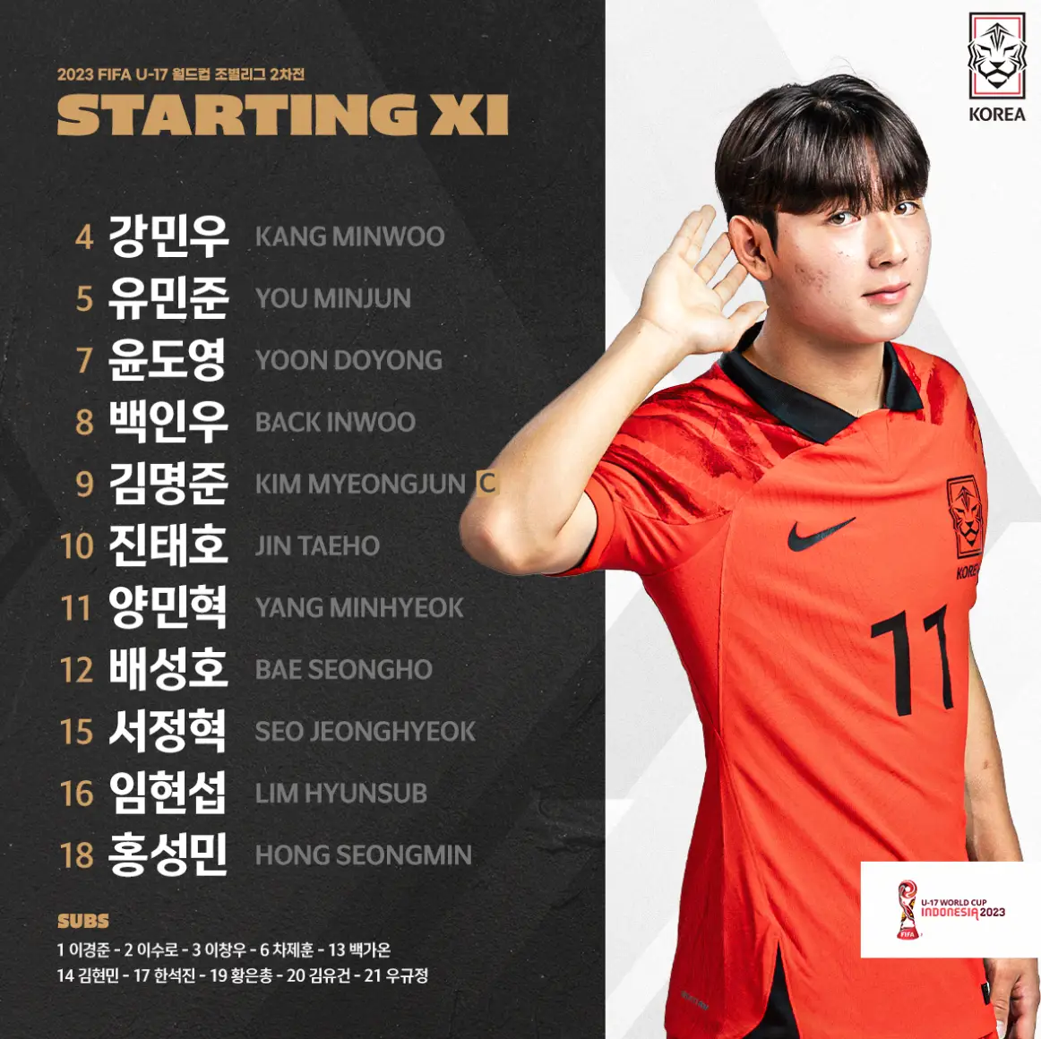 국가대표 포스터 좌측 검은배경 국가대표 명단 우측 붉은 유니폼을 입고 오른손으로 귀에 대고 있는 양민혁