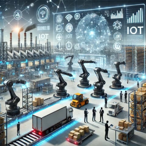 자동화 창고와 로봇 시스템이 작동하는 공장 전경
IoT 센서와 데이터 시각화 화면, 물류 최적화 인포그래픽
팀 미팅과 네트워킹하는 전문가들의 모습