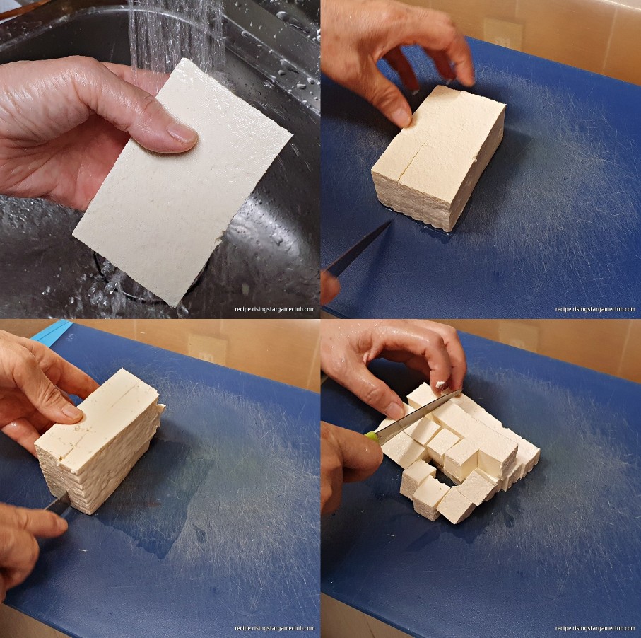 소고기 탕국에 들어갈 부두를 씻어서 큐빅 모양으로 자르는 사진