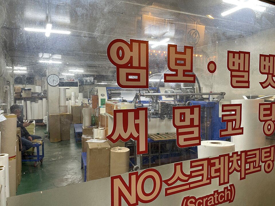 Red Korean lettering covers a workshop window in Euljiro, with coating machinery and large rolls of material visible inside.