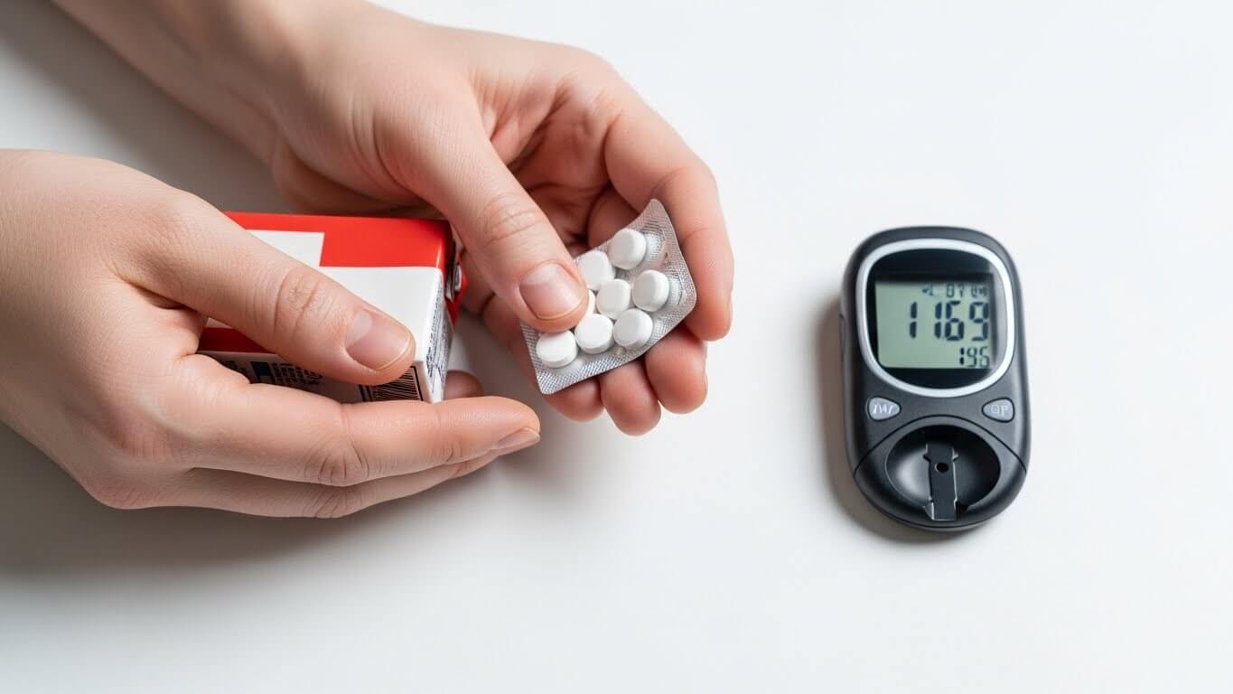 저혈당 발생 시 당분 섭취로 대처하는 상황을 보여주는 이미지