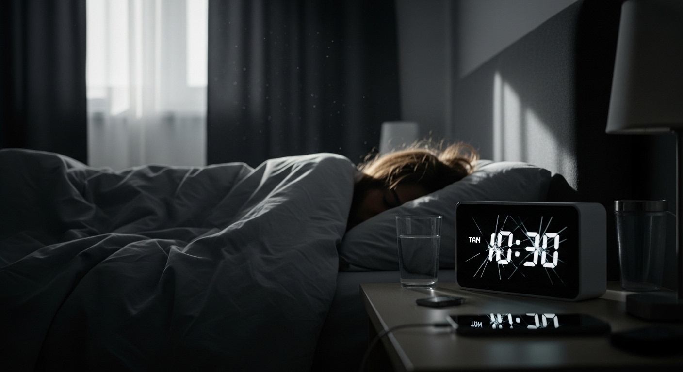 늦은 아침까지 커튼을 치고 이불 속에 있는 사람과 깨진 시계 그림