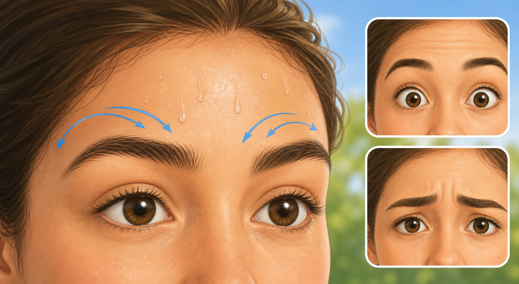 Educational illustration showing eyebrows protecting eyes from sweat and helping facial expression
