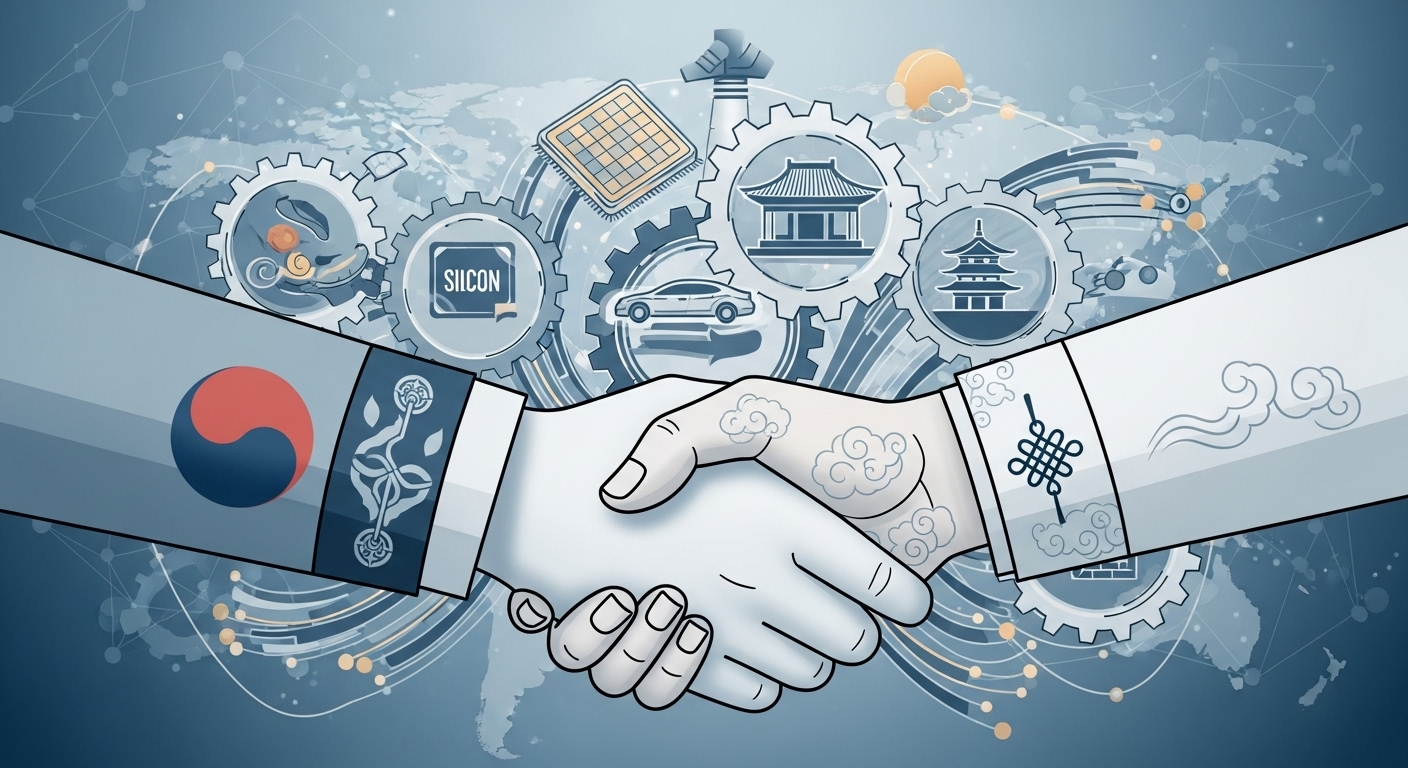 한국과 중국 간 경제 협력 및 무역을 상징하는 현대적인 추상 일러스트. 반도체, 자동차, 문화 콘텐츠 등 다양한 산업 분야를 나타내는 요소들이 어우러져 있고, 글로벌 네트워크를 암시하는 배경 위로 양국의 손이 악수하는 모습.