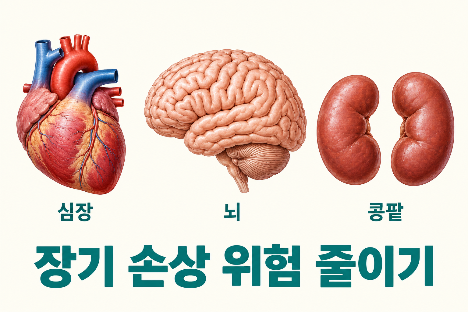 서로 분리된 심장·뇌·콩팥 그림과 장기 손상 위험을 줄이려는 관리 목적