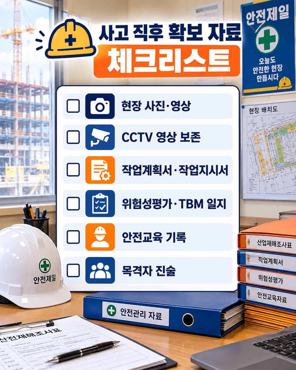 사고 직후 사진, CCTV, 작업지시서, 점검기록, 목격자 진술을 확보하는 체크리스트 카드