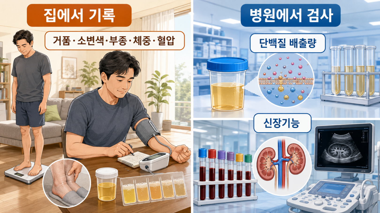 거품뇨에서 집에서 기록하는 증상과 병원에서 확인하는 단백질 배출량·신장기능을 비교한 이미지