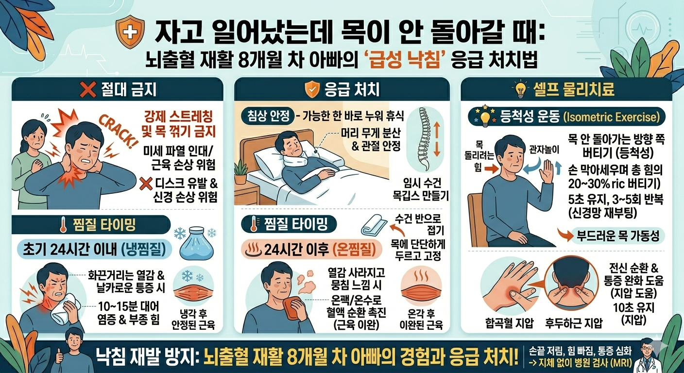 자고 일어났는데 목이 안 돌아갈 때: 뇌출혈 재활 8개월 차 아빠의 '급성 낙침' 응급 처치법