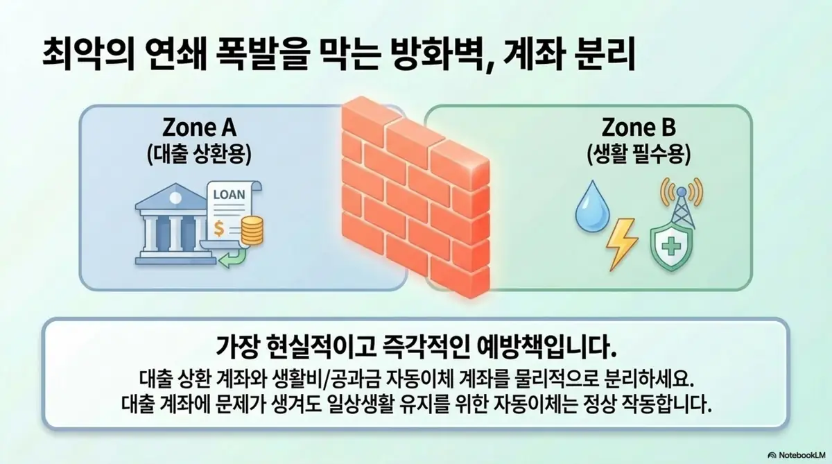 대출연체 카드정지: 대출 상환용 계좌와 생활 필수용 계좌를 물리적으로 분리하여 연쇄 연체를 막는 방화벽 전략을 보여주는 인포그래픽. 대출 계좌에 문제가 생겨도 생활비 자동이체는 정상 작동하는 구조를 설명함 