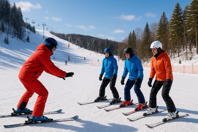 초보자들이 스키 레슨을 받는 모습