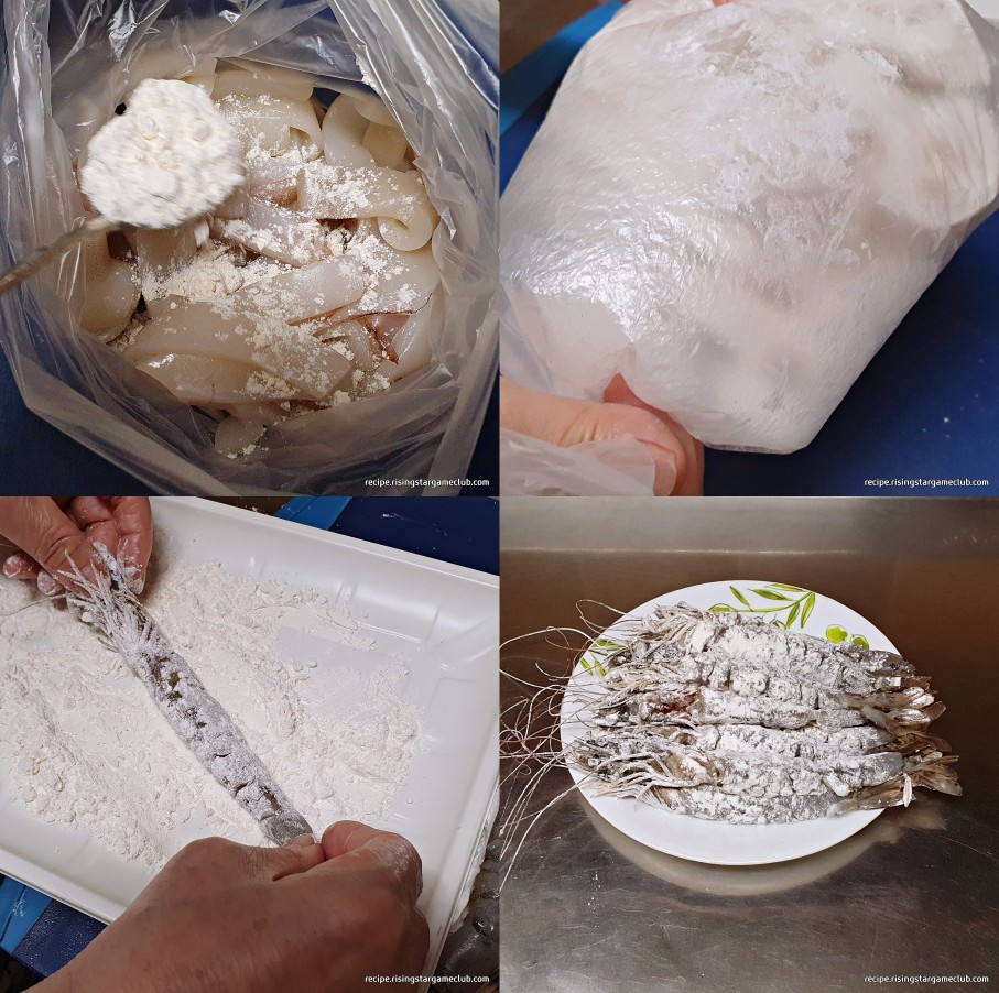 오징어와 새우에 밀가루 옷을 입히는 사진