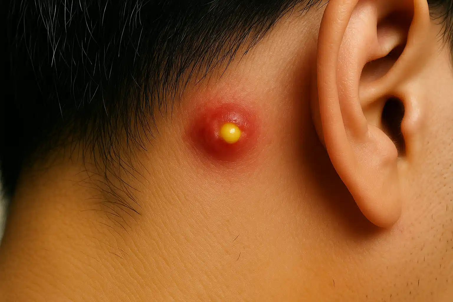 귀 뒤 붉고 통증 있는 뾰루지 클로즈업. 노란 고름이 맺힌 모습