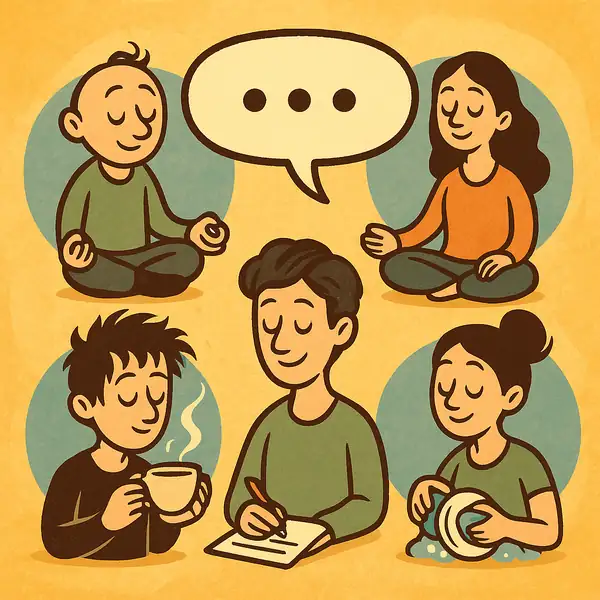 말풍선과 함께 다양한 모습으로 명상하거나 일상에서 마음챙김을 실천하는 사람들의 아이콘