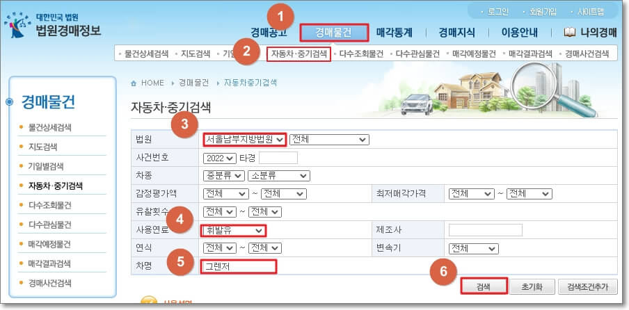 대한민국 법원의 법원 경매 정보 사이트에서 경매 차량을 조회하는 방법을 표시한 사진. 상단 메뉴에서 "경매 물건, 자동차 중기 검색, 법원 선택, 검색 버튼 클릭" 순서대로 진행하면 된다.