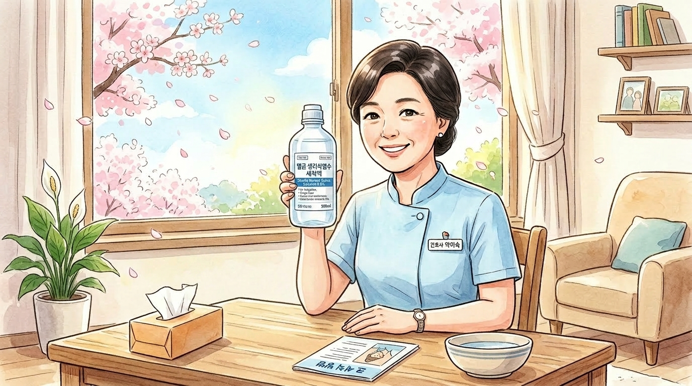 간호사가 봄철 알레르기 비염 해결을 위해 생리식염수로 코 세척하는 방법을 알려주고자 하는 모습.