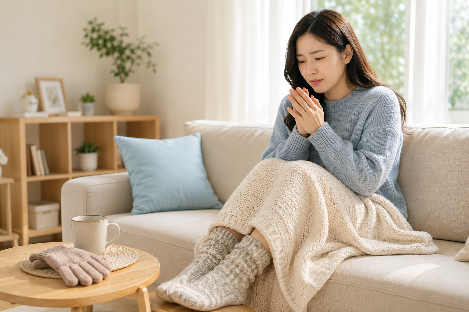 따뜻한 실내에서도 손발이 차가워 불편해하는 한국인 여성