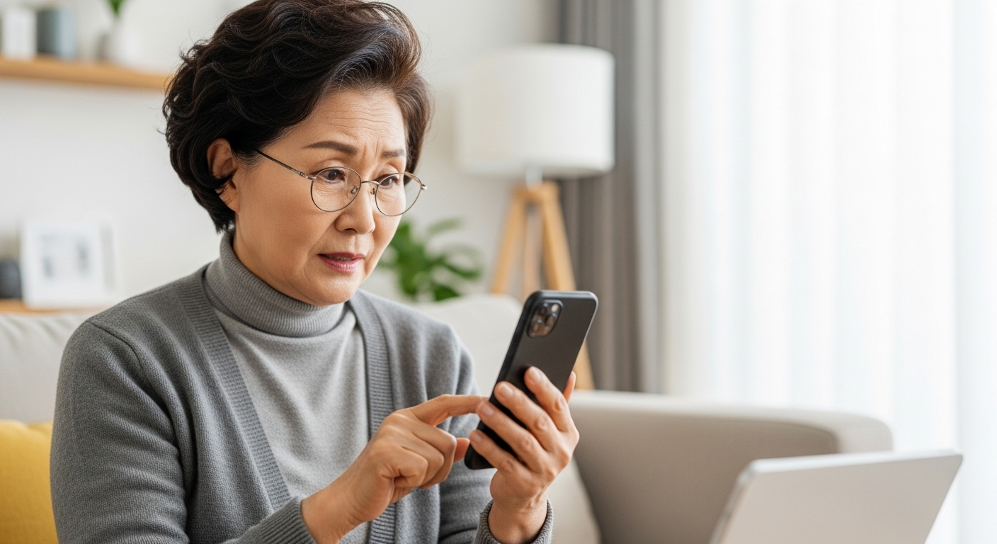 스마트폰을 들고 새로운 앱 사용법을 배우는 듯한 호기심 가득한 시니어 여성의 모습