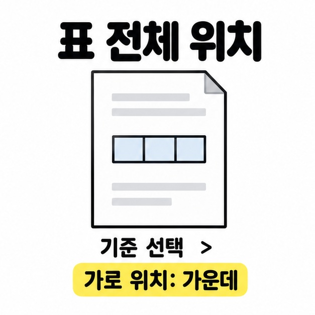 문서의 가로 중앙에 놓인 작은 표와 기준 선택, 가로 위치 가운데 문구로 표 전체의 위치 설정을 보여주는 그림
