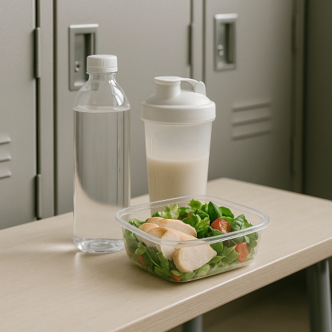 운동 전후 단백질 루틴을 상징하는 정물샷.