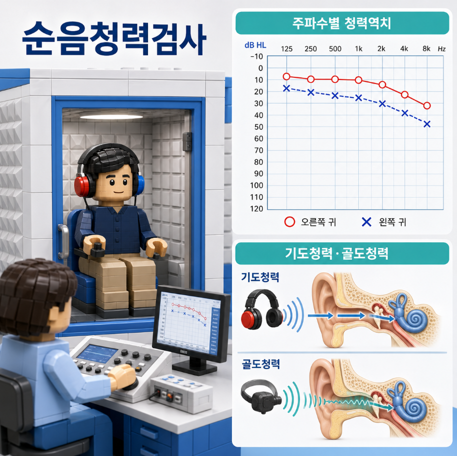 순음청력검사 결과에서 dB HL과 주파수별 청력역치, 기도청력·골도청력 읽는 방법 의료 인포그래픽