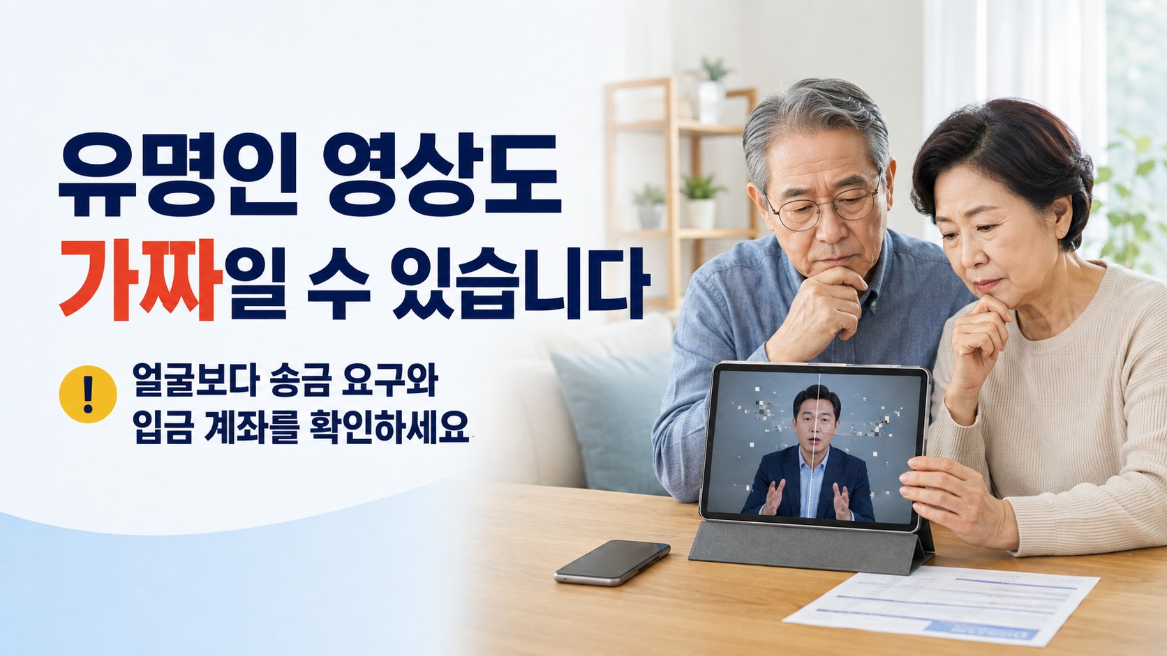 유명인을 사칭한 AI 투자 광고를 보며 사기 가능성을 확인하는 70대 한국인 부부