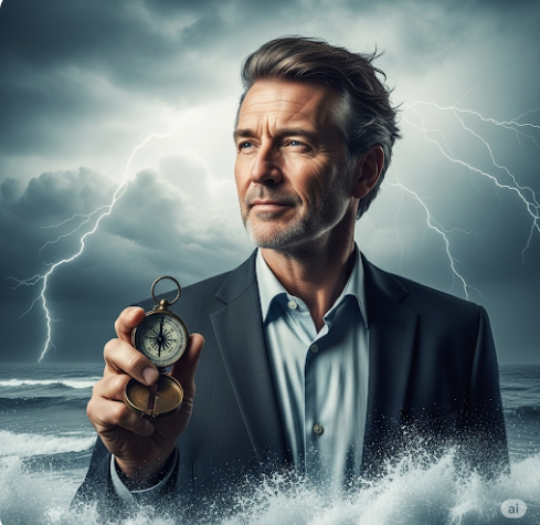 평온한 얼굴의 사람이 폭풍우 속에서도 나침반을 들고 길을 찾는 모습. 퇴직연금 투자 심리 극복과 멘탈 관리의 중요성을 나타냄 이미지