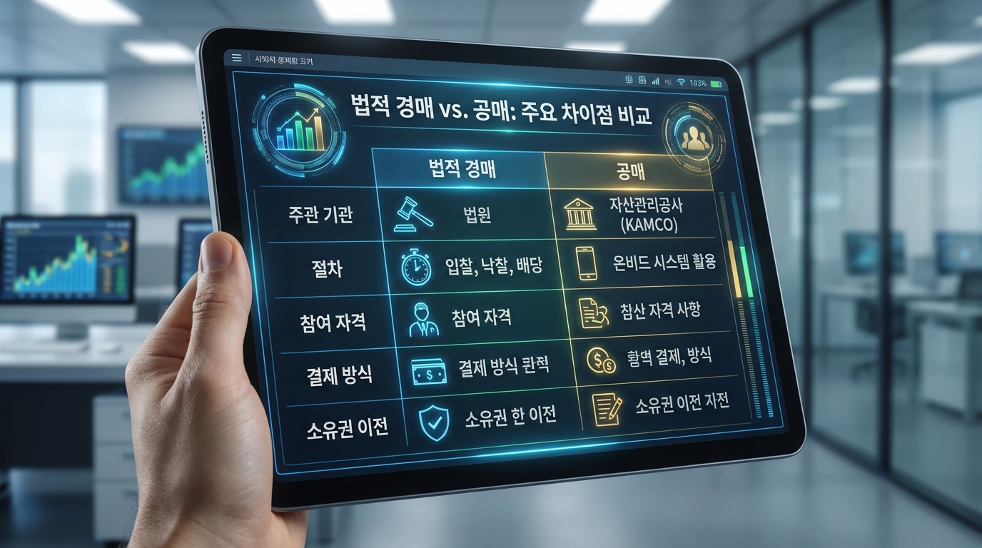 경매와 공매의 주요 차이점을 요약한 비교표 이미지