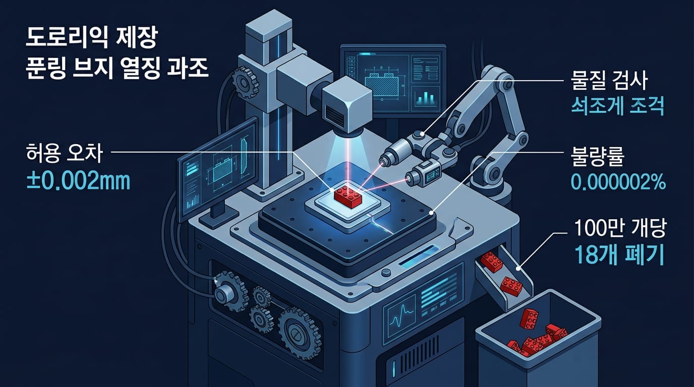 레고 블록의 정밀한 품질 검사 공정을 표현한 이미지