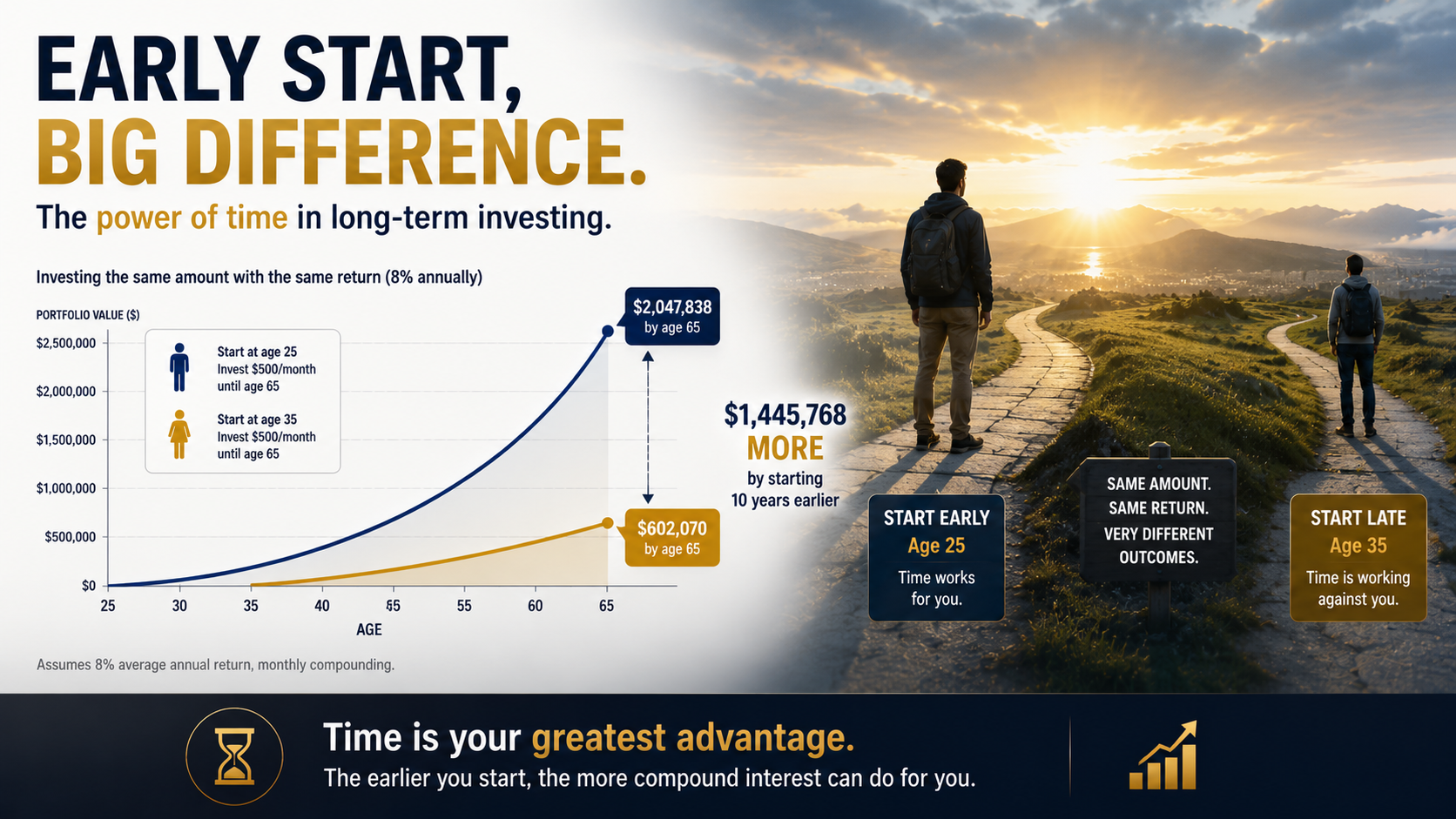 Long-term investing comparison showing how starting earlier leads to substantially greater wealth through compound interest and extended investment time.