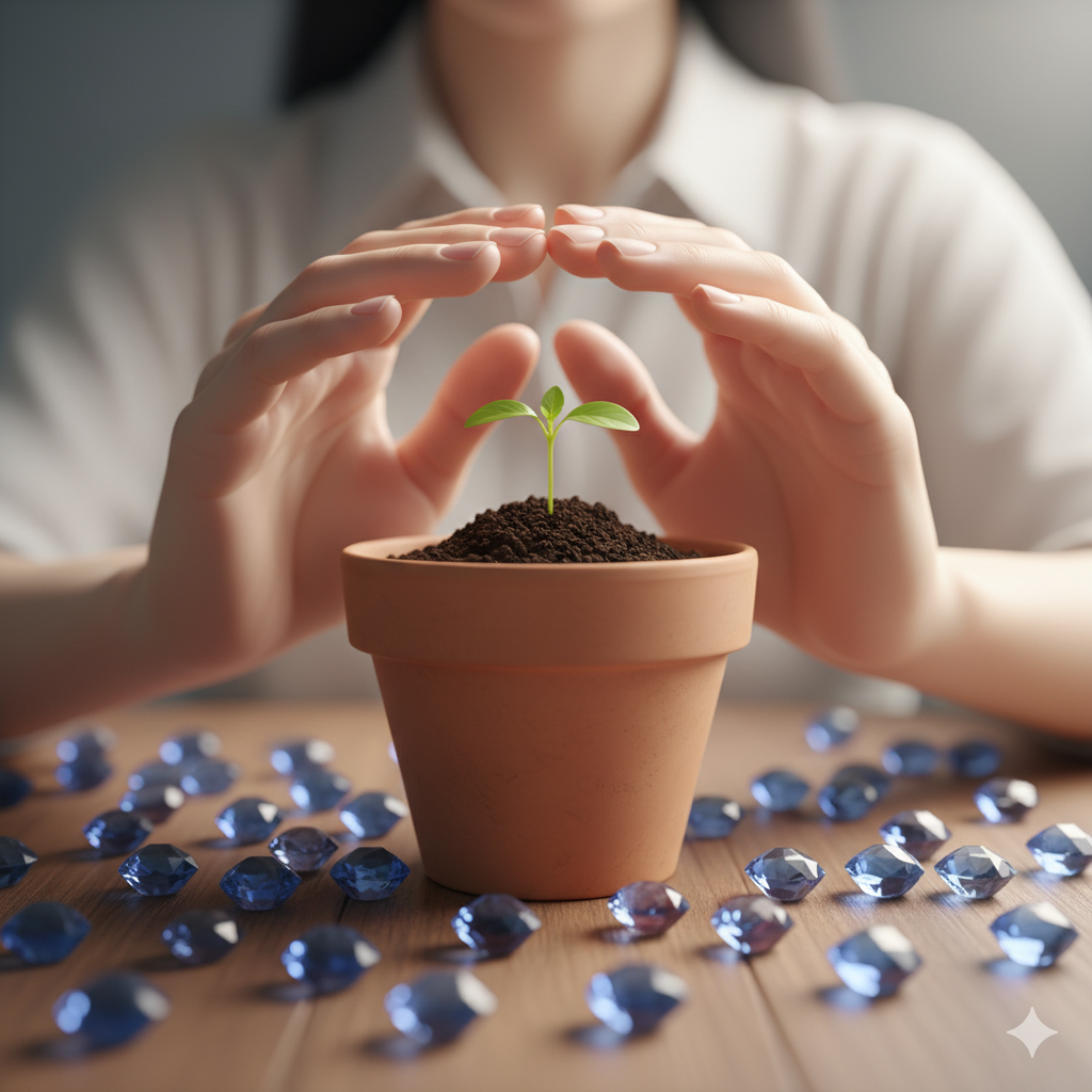 차가운 보석 대신 흙 화분의 새싹(콘텐츠)을 소중히 감싸는 여성의 손 클로즈업