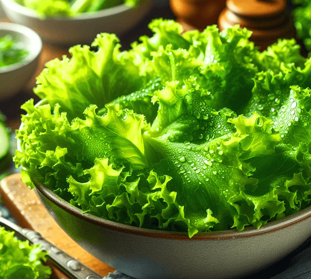 고동색 도자기 그릇에 초록색 상추들이 가득 담겨있다. 상추에는 물기들이 가득하다.