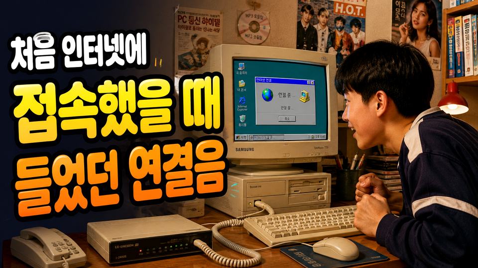 오래된 컴퓨터와 유선전화, 모뎀이 놓인 책상에서 학생이 인터넷 연결 화면을 기다리는 모습