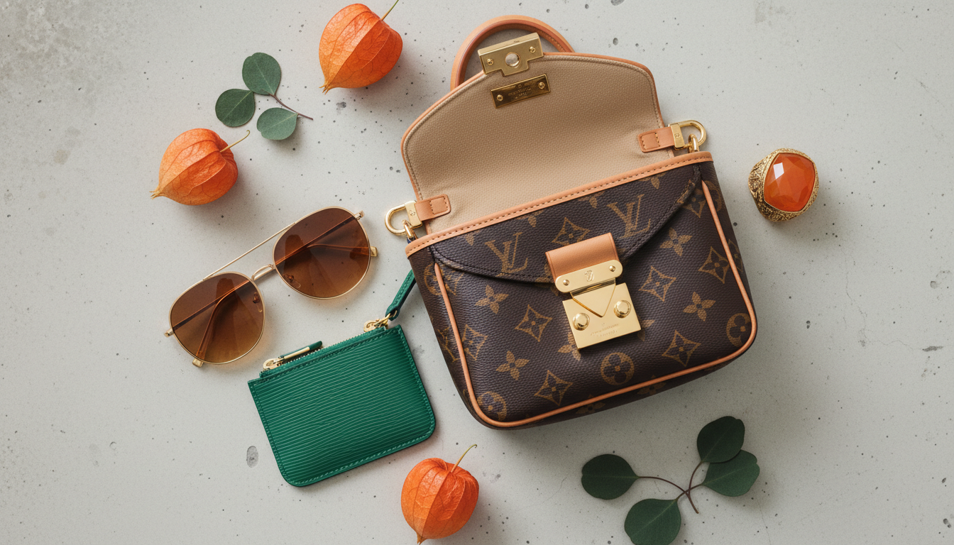 루이비통 다우핀 미니 백과 세련된 패션 소품들이 함께 놓인 감각적인 플랫 레이 이미지.