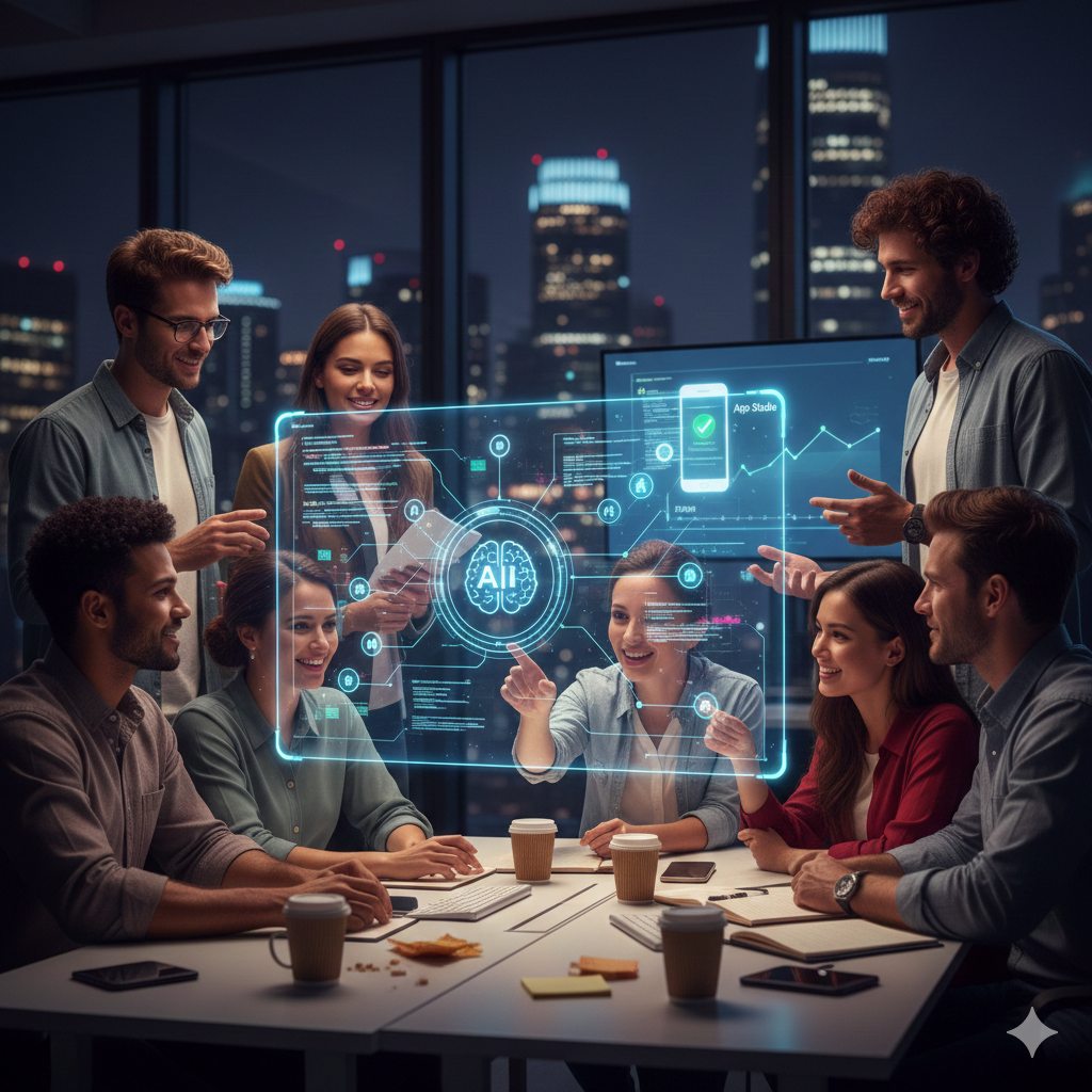 야경이 펼쳐진 고층 사무실에서 여섯 명의 젊은 개발자들이 대형 홀로그램 디스플레이를 둘러싸고 있다. 홀로그램에 AI 뇌 아이콘, 스마트폰 앱 화면('App Stable'), 코드, 그래프가 떠 있으며 팀원들이 태블릿을 들고 웃으며 토론 중이다. 테이블에 커피와 스낵이 놓여 있고, 창밖으로 빛나는 도시 불빛이 보이는 활기찬 협업 장면.